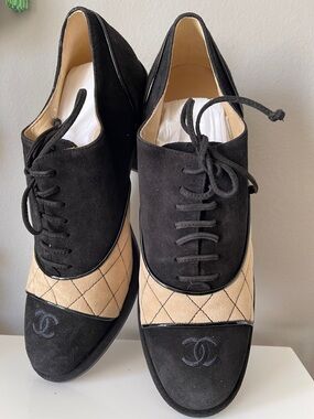 NIB Chanel™ Goatskin Black and Beige CC Lace-Ups Shoes Booties block heel